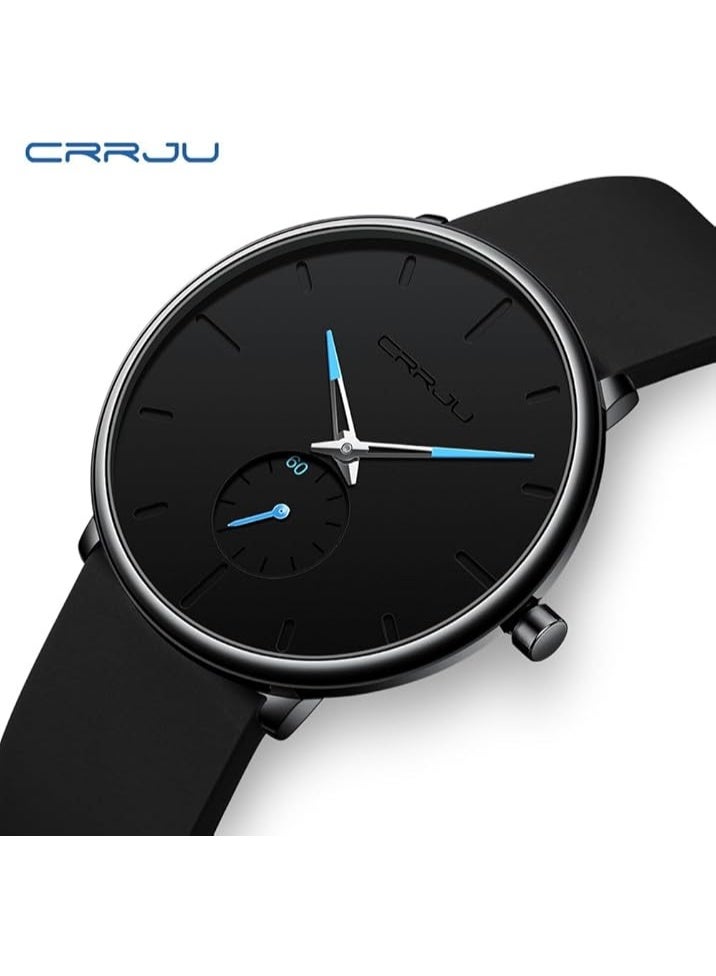 CRRJU Men’s Women Watch Casual Stylish Waterproof Quartz Unisex Wristwatches, Ultra Thin Watches for Men Women, Black Silicone Band - Image 2